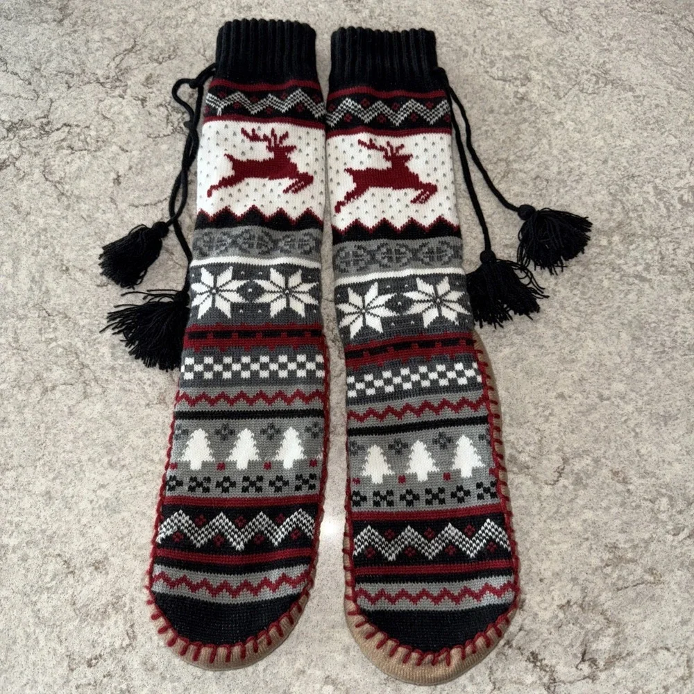 Womens Thick Knit Slipper Socks High Christmas Trees Reindeer Snowflakes Pom Pom